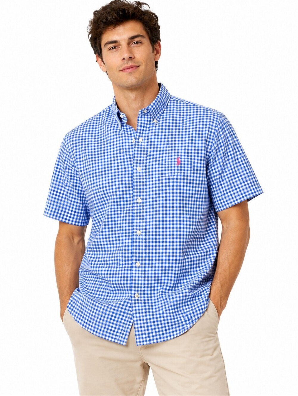Ralph Lauren Pony Custom Fit Gingham Button Up Shirt Blue White XL